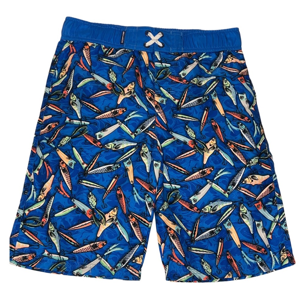 Vibrant Blue Fish Pattern Kids Swim Trunks